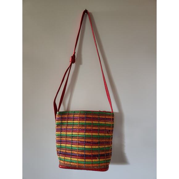 Sharif Handbags - Vintage Sharif USA Purse Woven Leather Shoulder Bag Green Red Yellow  1980s